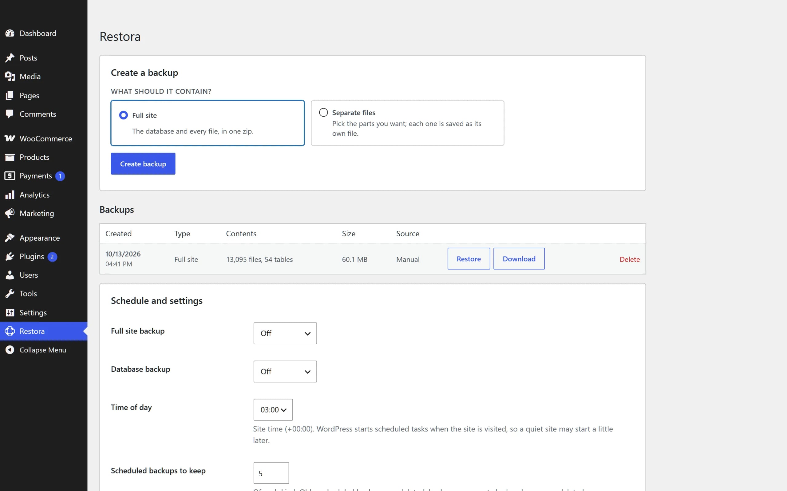 Restora backups screen inside the WordPress admin